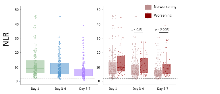 NLR values in severely injured patients at selected time points in whole cohort (A) and according to patients’ worsening (B). The results are presented as individual values and using box plots, which depict the 25th to 75th percentiles along with the median. In B, Mann-Whitney was used test comparisons between groups. Dashed line depict control values according to (9).