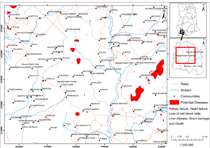 Fig. 10 Copper (Cu) related -diseases hotspots map derived from Soils in Wassa Traditional Areas