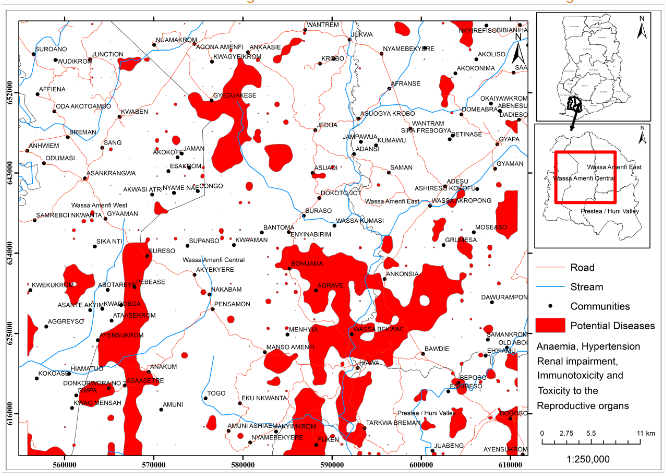 Fig. 11 Lead (Pb) related diseases hotspots map derived from soils in Wassa Traditional Areas