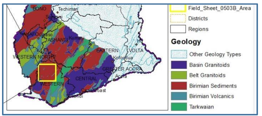Fig. 2 Geological Characteristics of Southwest Ghana depicting the geology of the study area highlighted in a radiant golden hue. (Modified after. 29)