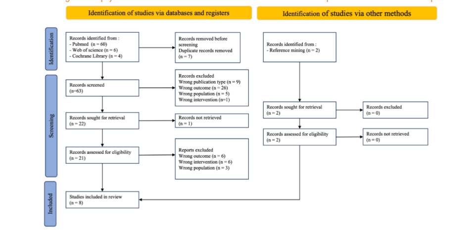 Figure 1. PRISMA 2020 Flow Diagram presenting the study screening and selection process for this review. 70 studies were identified after removing duplicates, abstract- and record- screening. Eight studies were included at last.