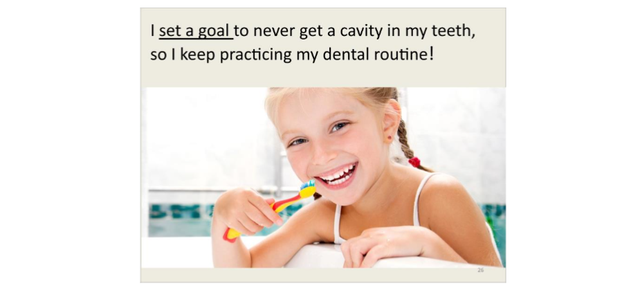One page of an Electronic Text for Health Literacy© with a visual-textual script that focuses on oral health hygiene and goal setting