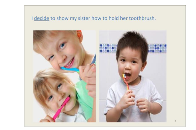 One page of an Electronic Text for Health Literacy© with a visual-textual script that focuses on oral health hygiene and decision making