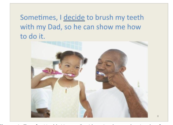 One page of an Electronic Text for Health Literacy© with a visual-textual script that focuses on oral health hygiene and decision making