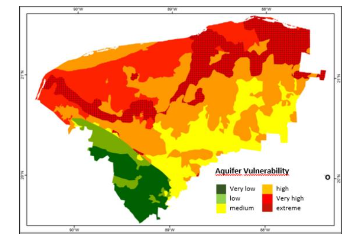 Figure 2. Vulnerability index map of the karst aquifer to contamination in Yucatan.