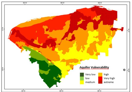 Figure 2. Vulnerability index map of the karst aquifer to contamination in Yucatan.