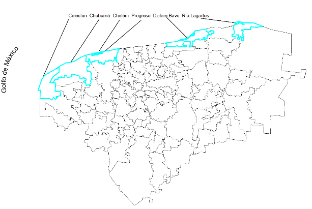 Figure 3. Coastal municipalities under study in the State of Yucatan.