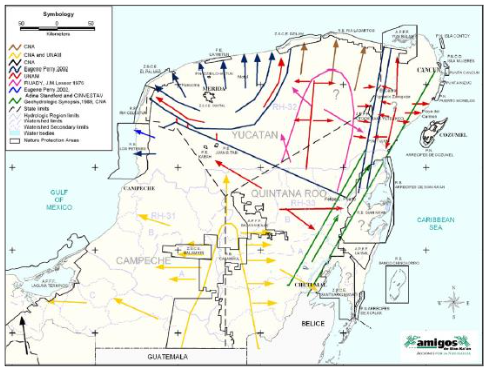 Figure 1. Map of groundwater flow in the Yucatan Peninsula and its outlet in coastal areas. The arrows indicate the direction of groundwater flow, showing how these flows go towards the coasts with contaminants.