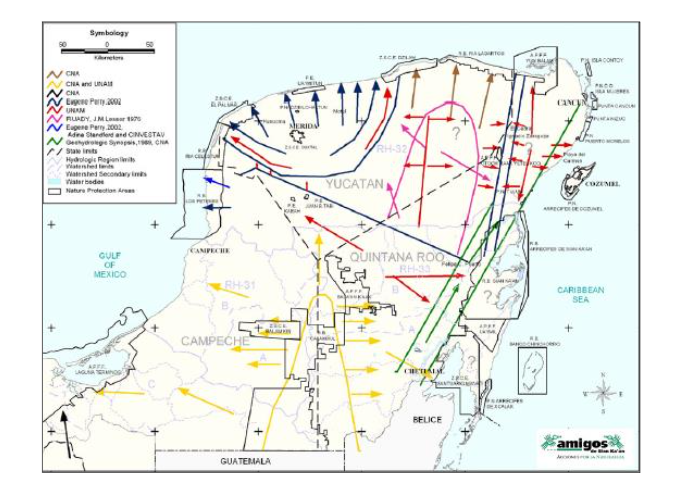 Figure 1. Map of groundwater flow in the Yucatan Peninsula and its outlet in coastal areas. The arrows indicate the direction of groundwater flow, showing how these flows go towards the coasts with contaminants.
