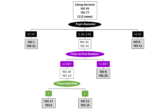 Classification tree explaining liking decision (YES/NO) in relation to eye-tracker parameters for all the menus and adaptation