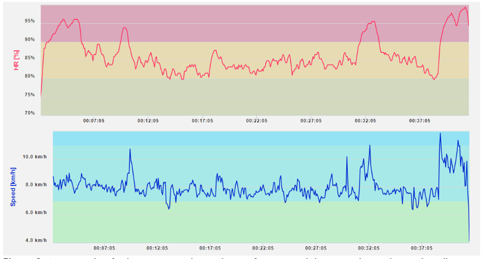 An example of a heart rate and speed trace from a candidate completing the track walk.