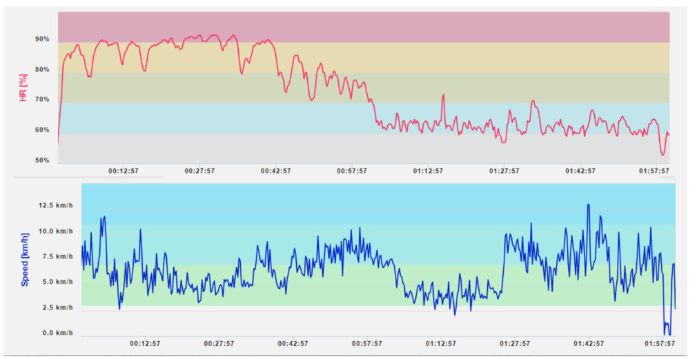 An example of a heart rate, speed and elevation trace from a candidate completing the mountain walk.