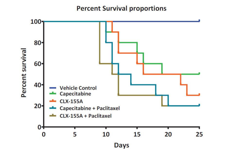 Figure 5: Percent Survival Proportions for CLX-155A and Capecitabine Treatment at 1000 mg/kg/day as Monotherapy or Combined with Paclitaxel at 15 mg/kg/day.