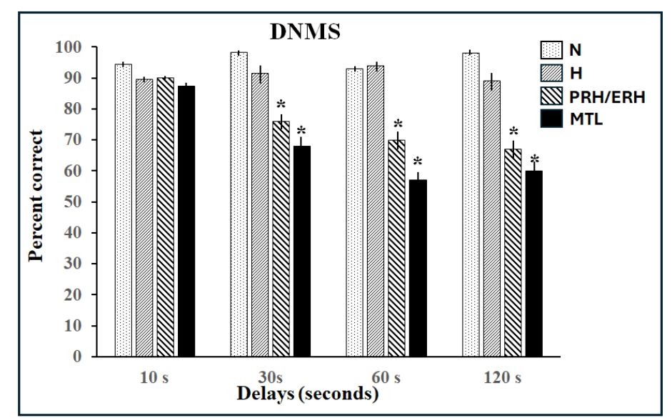 Figure 2: Delayed nonmatching-to-sample (DNMS): Percent correct at four delays (10, 30, 60 and 120 seconds) for normal adult controls (N, n=4), monkeys with hippocampal lesions (H, n=3), monkeys with combined perirhinal/entorhinal lesions (PRH/ERH, n=7) and monkeys with lesions including the amygdala, and adjacent cortical areas (MTL, n=3). SEM is indicated by vertical lines and * Indicates p<.05 compared to N. Data for Groups N, H, and MTL are from Mishkin (1978) and for group PRH/ERH from Meunier et al (1993).