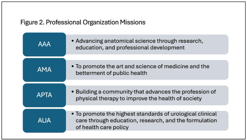 Professional organizations’ missions reflect a commitment to both member professionals and society. AAA = American Association for Anatomy; AMA = American Medical Association; APTA = American Physical Therapy Association; AUA = American Urological Association.