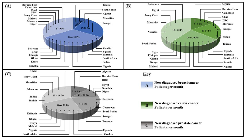 A pie-chart illustrating the average monthly number of newly diagnosed patients with (A) breast, (B) cervical and (C) prostate cancer requiring radiation therapy, according to data derived from the participating countries.
