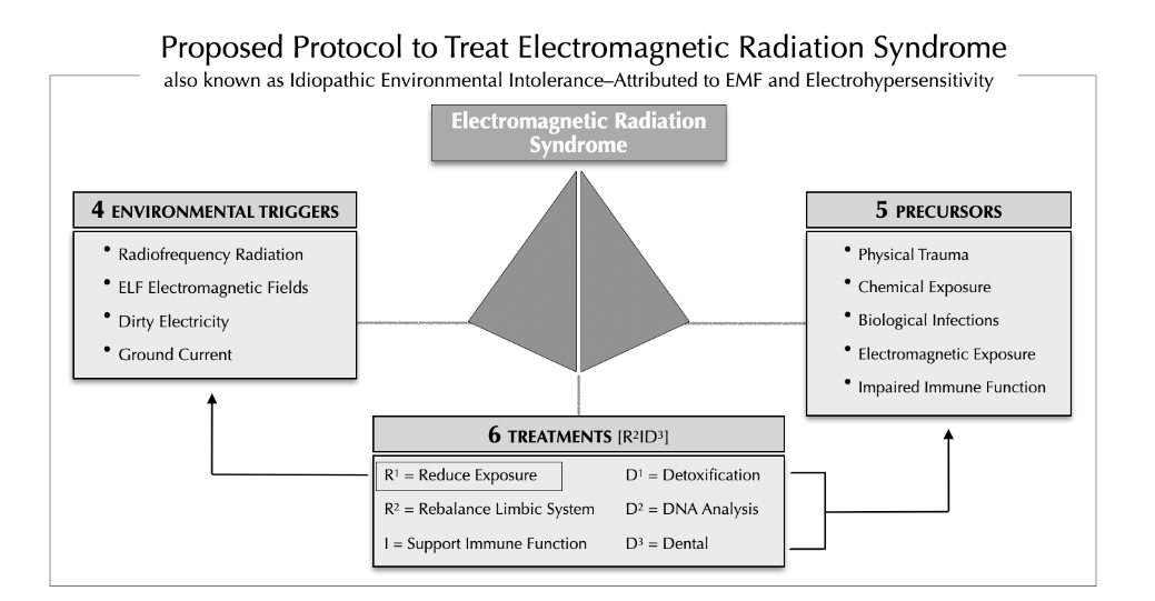 Figure 1. Diagram of key concepts that need to be considered to help people with electromagnetic radiation syndrome (EMR-S) recover. Environmental triggers need to be neutralized and precursors, which may be contributing to intolerance, need to be identified and treated. Specific treatments depend on advice from specialists for each precursor.