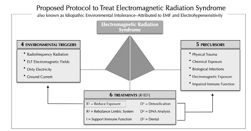 Figure 1. Diagram of key concepts that need to be considered to help people with electromagnetic radiation syndrome (EMR-S) recover. Environmental triggers need to be neutralized and precursors, which may be contributing to intolerance, need to be identified and treated. Specific treatments depend on advice from specialists for each precursor.