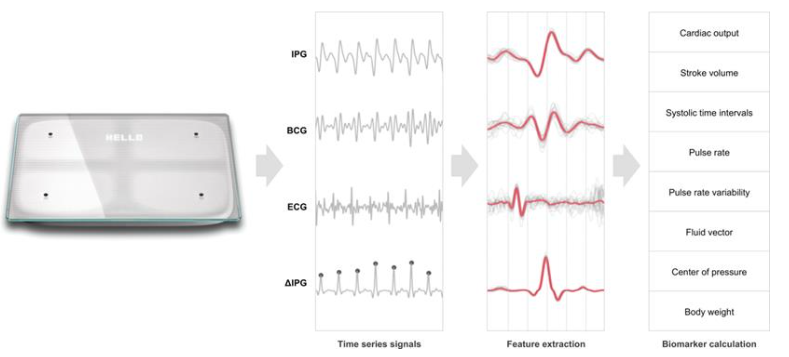 Figure 3: Bodyport cardiac scale and data collection abilities such as ballistocardiography (BCG) and impedance plethysmography (IPG). From Fudim et al. 2023, “use of a Cardiac Scale to Predict Heart Failure Events: Design of SCALE-HF1”, Circulation: HF. 2023, 16(5).
