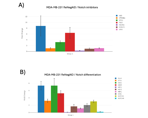 Times of change of NP-dependent genes in MDA-MB-231<sup>ReNeg-AID</sup> versus MDA-MB-231 control versus MDA-MB-231 cells. (A) NP inhibiting genes. (B) NP-related differentiation genes. ACTB and GAPDH genes were used to normalize mRNA quantifications. The normalized threshold in times of change is 2-fold. Genes with statistically significant results are marked with * (p < 0.05), with **.