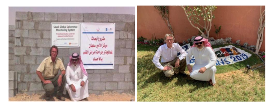 Figure 15. The Two Heart Brothers Abdullah Alabdulgader and Rollin McCraty. A: September 2010. A defining early moment in a collaboration that united scientific curiosity, shared purpose, and a profound heart centered brotherhood laying the foundations for a new paradigm in consciousness research. B: March 2019 a after nearly a decade of joint scientific exploration, this moment reflects the maturity of a partnership built upon deep trust, unity of vision, and the continuing mission to advance heart based science and the HBRF Theory.