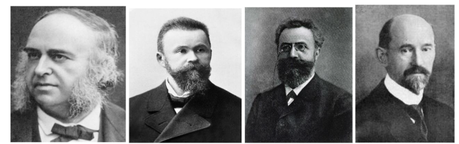Figure 11. Leading scholars of the late 18th to early 20th centuries whose discoveries advanced the scientific understanding of cognition and brain function: Broca (speech localization), Wernicke (language comprehension), Ebbinghaus (experimental memory research), and Brodmann (cortical mapping).