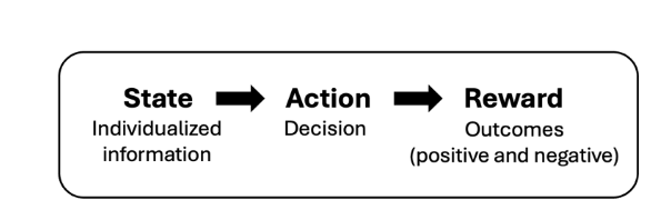 Figure 1. Decision framework. Decisions (action) are made for individuals based on varying state information, toward the goal of achieving a reward, which includes both positive and negative outcomes that can result from the decision.