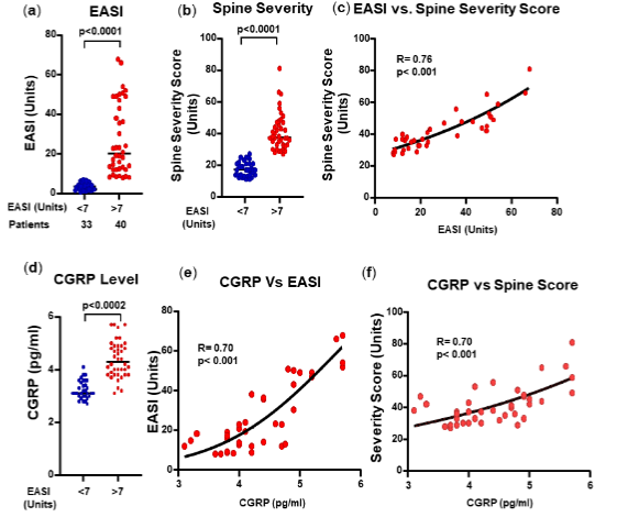 Figure 1. Correlation between the severity of dermatitis (EASI), the spinal condition and CGRP.