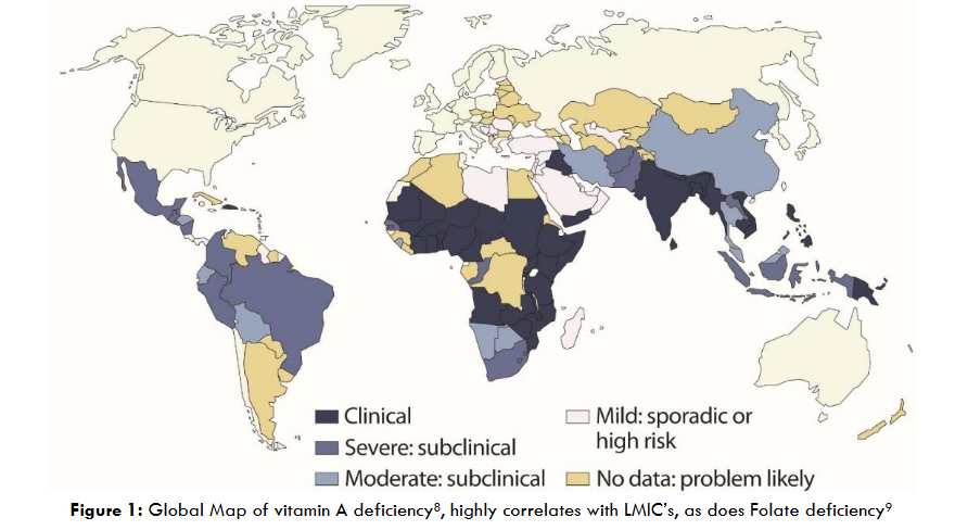 Figure 1: Global Map of vitamin A deficiency, highly correlates with LMIC’s, as does Folate deficiency.
