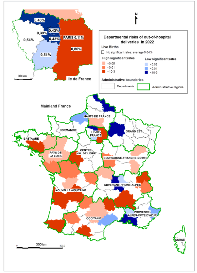 Map 1: Distribution of departmental risks of out-of-hospital deliveries in mainland France in 2022