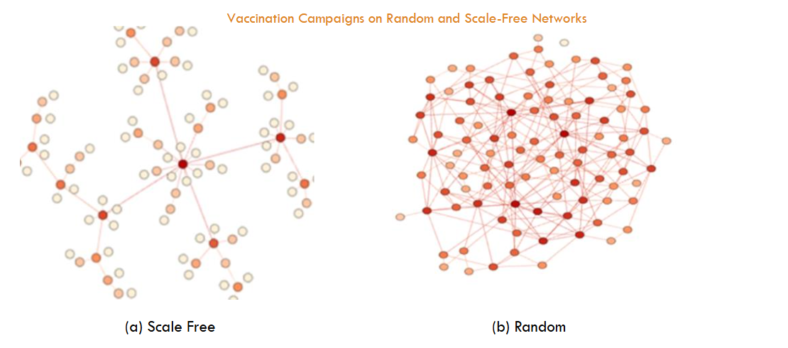 Figure 1: Examples of a random network and a scale-free network. Nodes with higher degrees are represented with more intense colors.