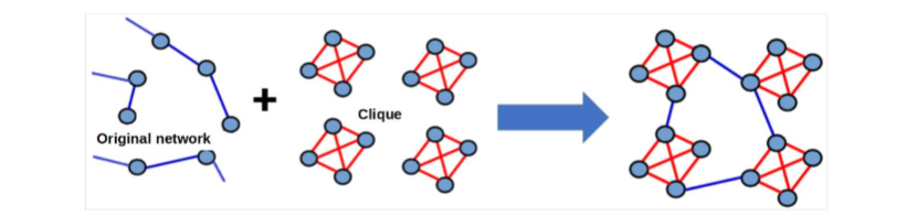 A schematic representation of a complex network consisting of four families. The subgraphs, which represent individuals’ families, are interconnected by red links. These families are then integrated into the broader network through blue links.