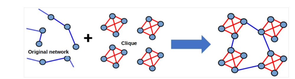 Figure 2: A schematic representation of a complex network consisting of four families. The subgraphs, which represent individuals’ families, are interconnected by red links. These families are then integrated into the broader network through blue links.