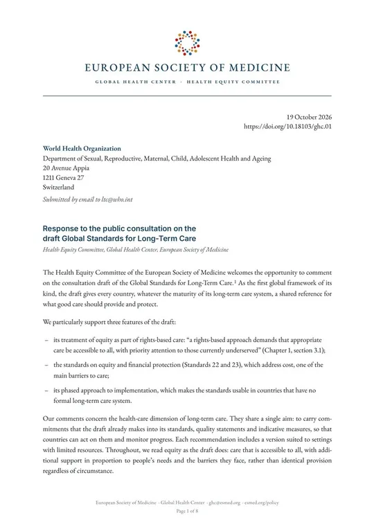 First page of the Health Equity Committee response to the WHO draft Global Standards for Long-Term Care